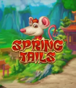 An enchanting illustration of a white rat wearing a red traditional Chinese outfit positioned in front of a scenic mountain backdrop. The image represents the Spring Tails Slot by Betsoft, highlighted with striking gold and red logo text.